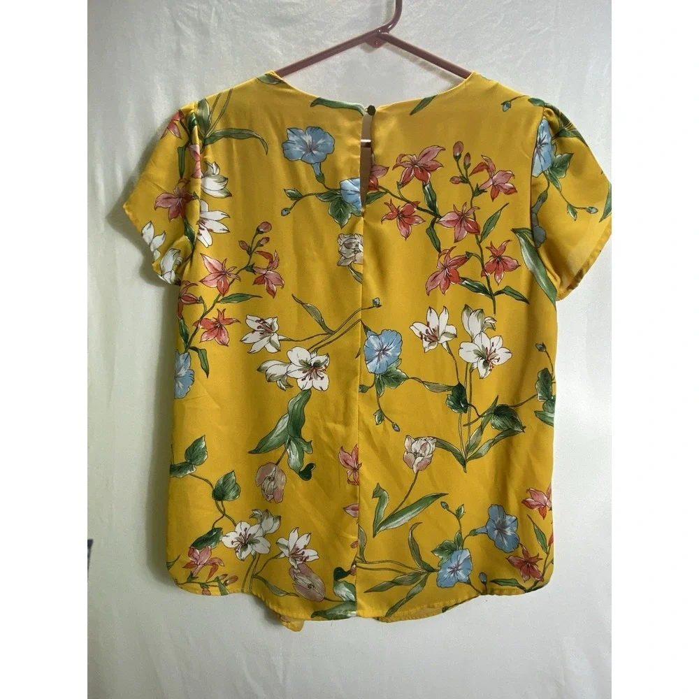 AUW Top Women Med Short Sleeve Yellow Floral Keyhole Button Business‎